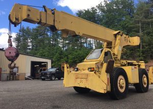 Pettibone All Terrain Crane. 1969 Pettibone model 25. A 15 ton lift machine with a rebuilt 453 Detroit diesel engine. Four wheel drive with Crab steering. The boom is three stage with a 60 foot reach and single line double block 10 inch sheave. The base operating weight is 38'400 lb  and has a GVWR weight of 43'000 lbs. New rough terrain tires all around.