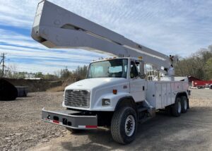 Freightliner FL80 Bucket Truck. The truck is a 2001 and is an 82' Altec unit. The upper boom has a 7' telescopic extension. It's equipped with a two man bucket and material handler winch. There are upper and lower controls with 4 outriggers to stabilize the unit. The truck chassi and body are super clean. All tires are in excellent condition with deep tire tread. The trucks powered by a Caterpillar 3126 diesel engine. the transmission is a Allison automatic. The truck is also equipped with selectable on demand four wheel drive (6x6) with differential locks. The mileage is low at only 16,555 miles and the unit has been fleet maintained. The boom has been certified by American Aerial in Amsterdam NY. The entire unit is needing nothing and completely work ready.  Backed by all maintenance, repair and upgrade documents.