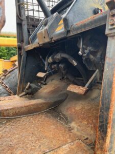 John Deere 640D Log Skidder: 1987 JD 640d cable log skidder with a John Deere 6-414t engine re-sleeved in the early 2000s. It has 28,632 total hours on the machine. The transmission is a power shift with 8 forward and 4 reverse gears. It has articulated frame steering. The foot brake is a week and may need attention. The hand brake works fine. The John Deere 640d logging skidder is chained up! It has an operating weight of 20,180 lbs, a wheelbase of 113 inches, and a 19.2-inch clearance.