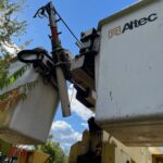 International bucket truck. 167,600 miles. 50-foot boom. Automatic transmission. For sale.